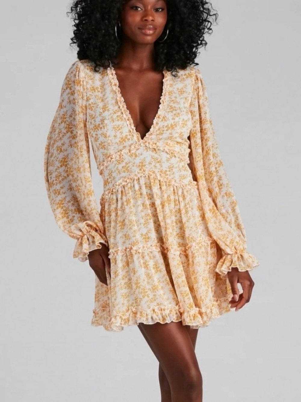 Yellow Floral Ruffle Tiered Dress